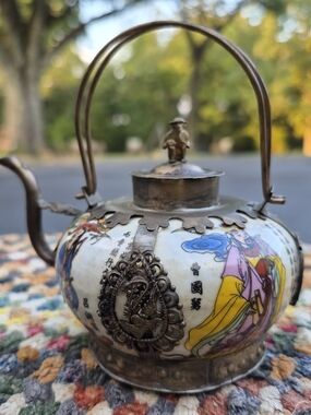 Vintage Chinese Porcelain and Brass Teapot